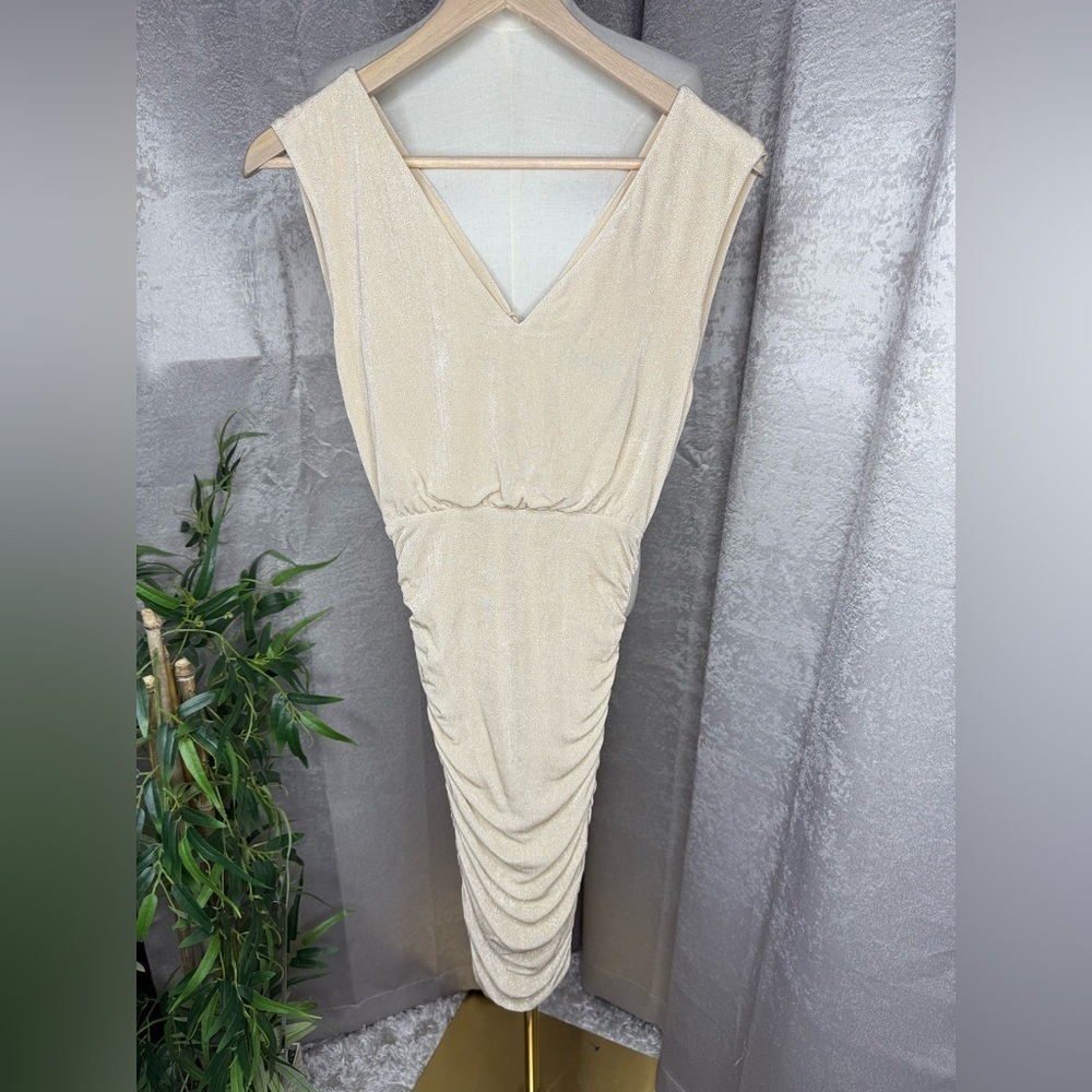 NEW Alice + Olivia Shimmer Sleeveless Ruched Dress Beige Gold XS